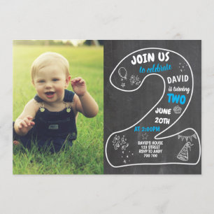 Invitation Boy 2e Anniversaire Chalboard avec Photo Blue