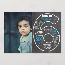 Boy 6Birthday Chalkboard with Photo Number Blue