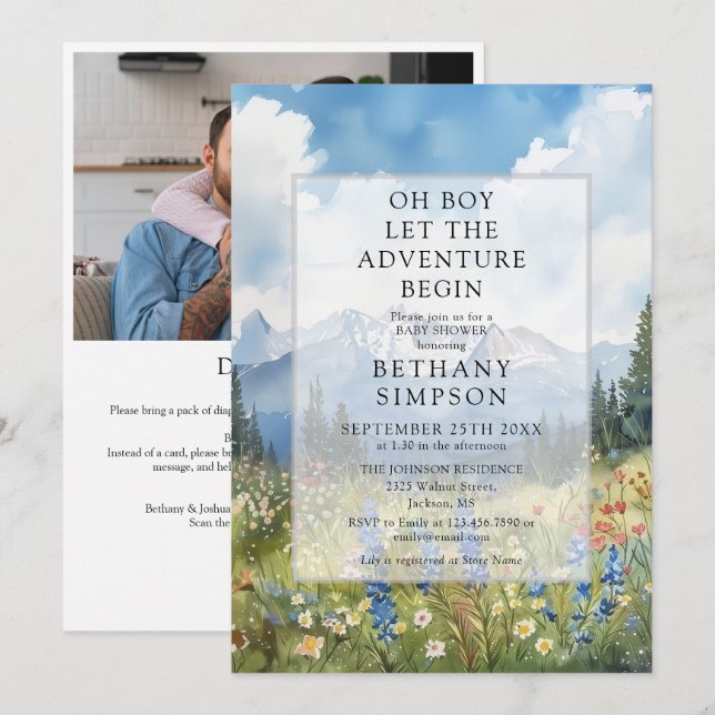 Invitation Boy Adventure Mountain Photo QR Code Baby Shower (Devant / Derrière)