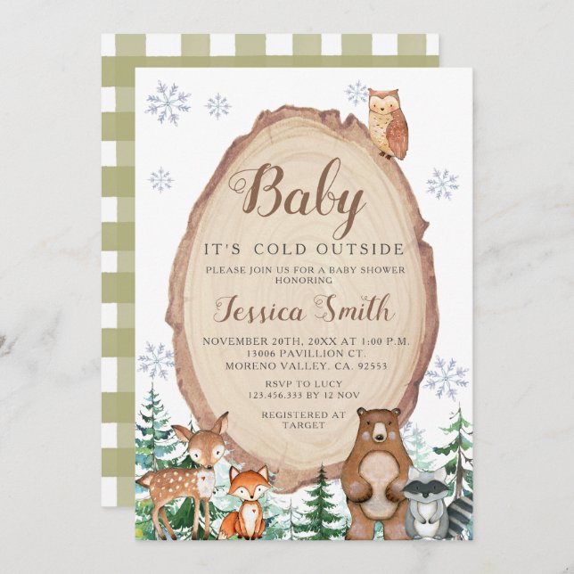 Invitation Boy Baby shower Animaux d'hiver Woodland Invitatio (Devant / Derrière)