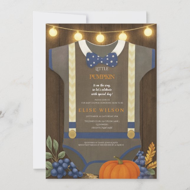 Invitation Boy baby shower autum chute bleu burlap bodysuit (Devant)