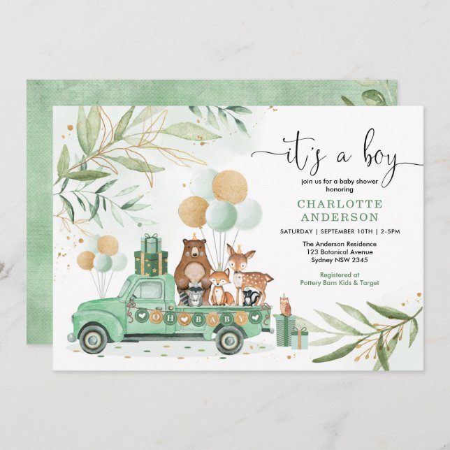 Invitation Boy Baby shower Boy Boy Aquarelle Vert Or (Devant / Derrière)