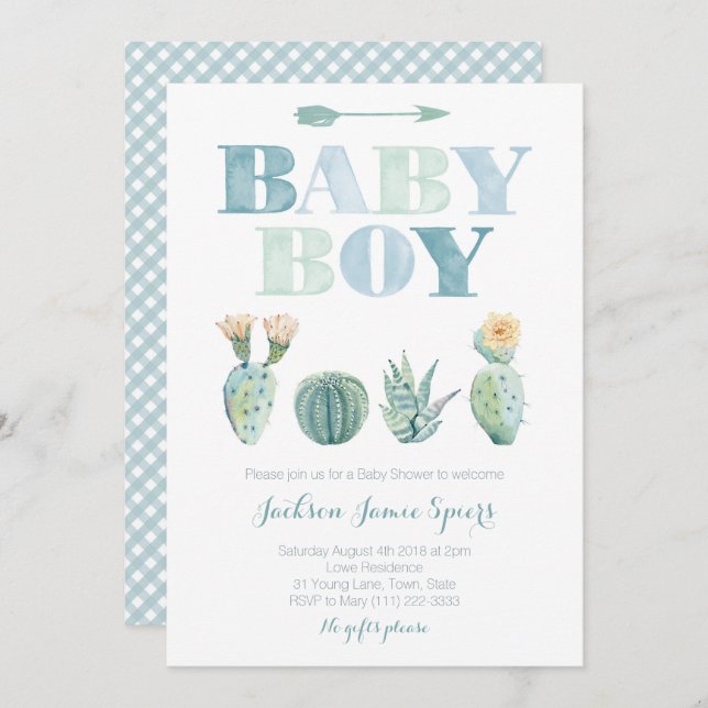 Invitation Boy Baby shower Party avec cactus aquarelle (Devant / Derrière)