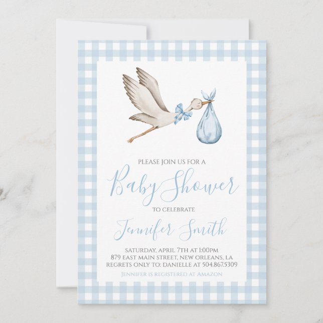 Invitation Boy Baby shower Preppy Southern Blue Stork (Devant)