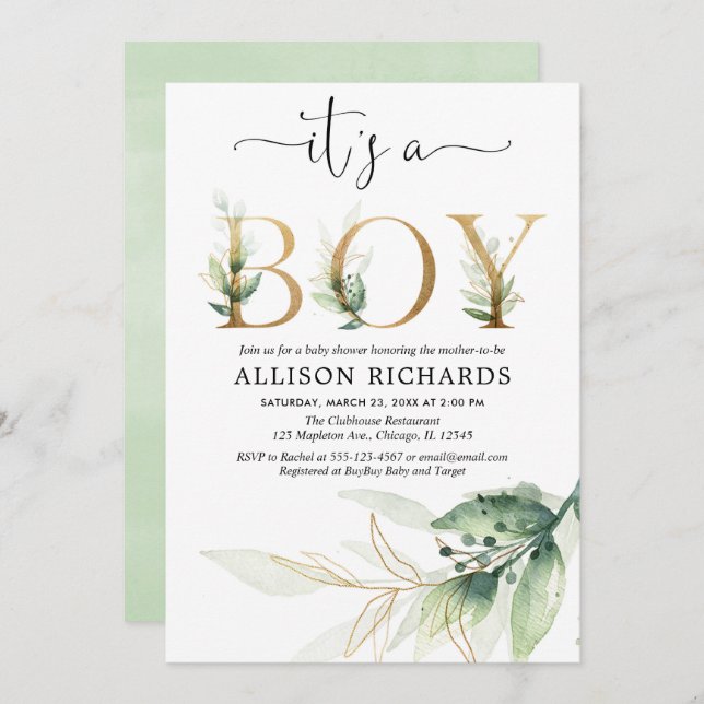 Invitation Boy baby shower verdure or feuilles modernes (Devant / Derrière)