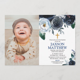Invitation Boy Baptême bleu floral aquarelle photo