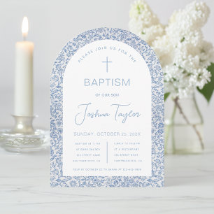 Invitation Boy Baptism Arc Bleu Blanc Floral Vintage Motif