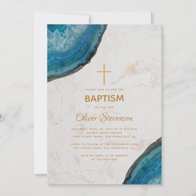 Invitation Boy Baptism Blue Agate Geode Marble Gold Cross (Devant)