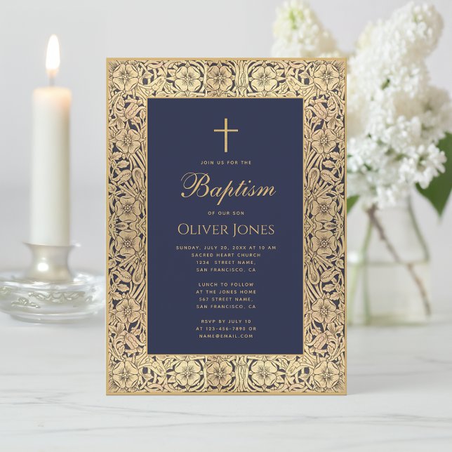 Invitation Boy Baptism Floral Gold Frame Marine Bleu Élégant (Créateur téléchargé)