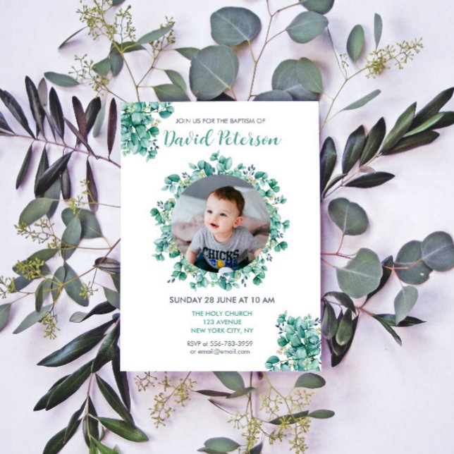 Invitation Boy Baptism Floral Turquoise Blue Wreath Invitatio (Boy Baptism Floral Teal Blue Wreath Invitation)