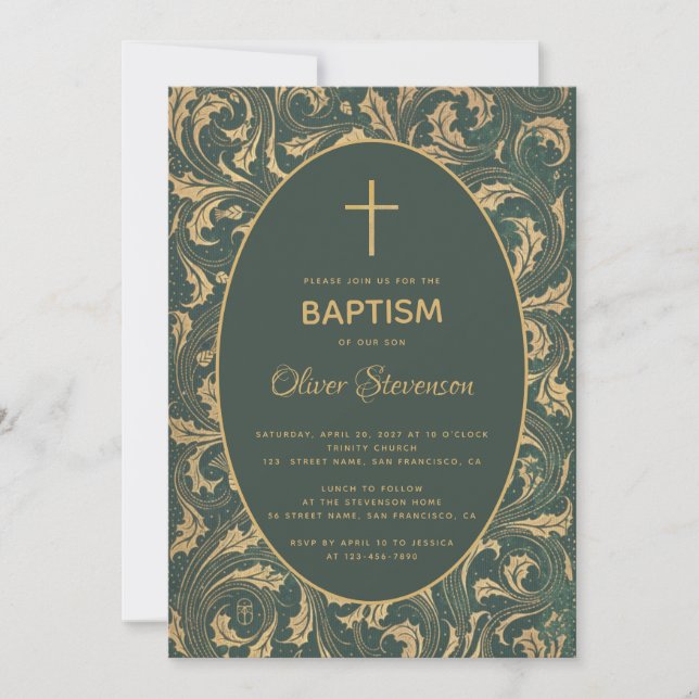 Invitation Boy Baptism Gold Thistle Cross Green Oval Elégant (Devant)
