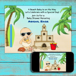 Invitation Boy Beach Baby Sandcastle, Baby shower Surfboard