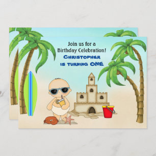 Invitation Boy Beach Baby Sandcastle in Surfboard 1er anniver