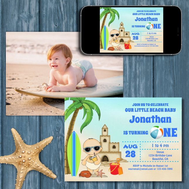 Invitation Boy Beach Baby Surfboard 1er Birthday PHOTO (Printed (Front and Back) and Digital Boy Beach Baby Surfboard 1st Birthday PHOTO Invitation)