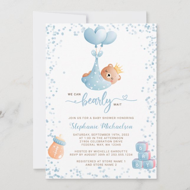 Invitation Boy Bear Baby shower avec demande de réservation (Devant)