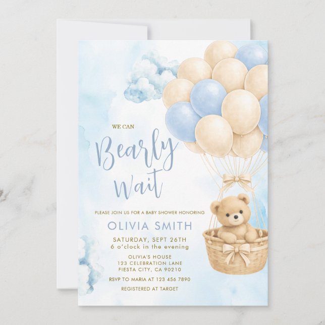 Invitation BOY Bear Cloud Balloon Baby Shower Invite (Devant)