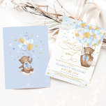 Invitation Boy Bear Hot Air Balloon Blue Gold Sky Baby shower<br><div class="desc">Nous pouvons attendre prématurément l'arrivée du bébé! Cette adorable invitation à thème en ours en peluche saura mettre un sourire sur le visage de vos invités ! Les couleurs pastel bleu & or doux rendent ce design parfait pour un baby shower garçon. Personnalisez l'invitation avec vos détails et si vous...</div>