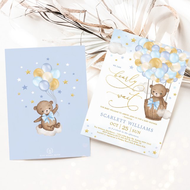 Invitation Boy Bear Hot Air Balloon Blue Gold Sky Baby shower (Créateur téléchargé)