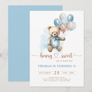 Invitation Boy Beary Sweet 1er Anniversaire Teddy Bear Bleu B