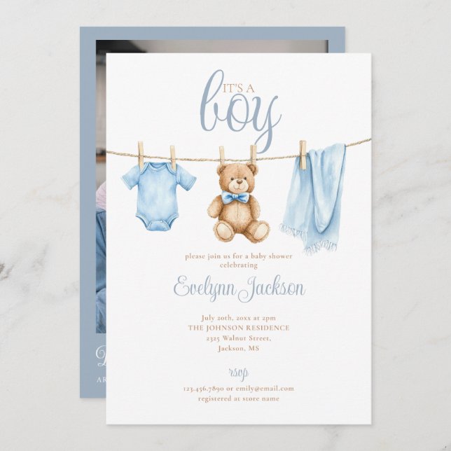 Invitation Boy Blue Clothesline Baby Shower Photo QR Code (Devant / Derrière)