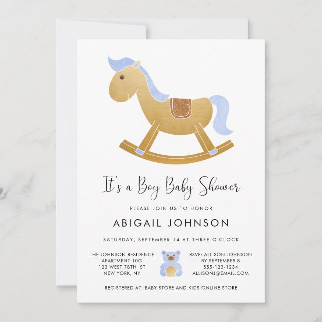 Invitation Boy Blue Gold Retro Rocse Baby shower Cheval (Devant)