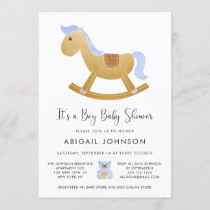 Invitation Boy Blue Gold Retro Rocse Baby shower Cheval