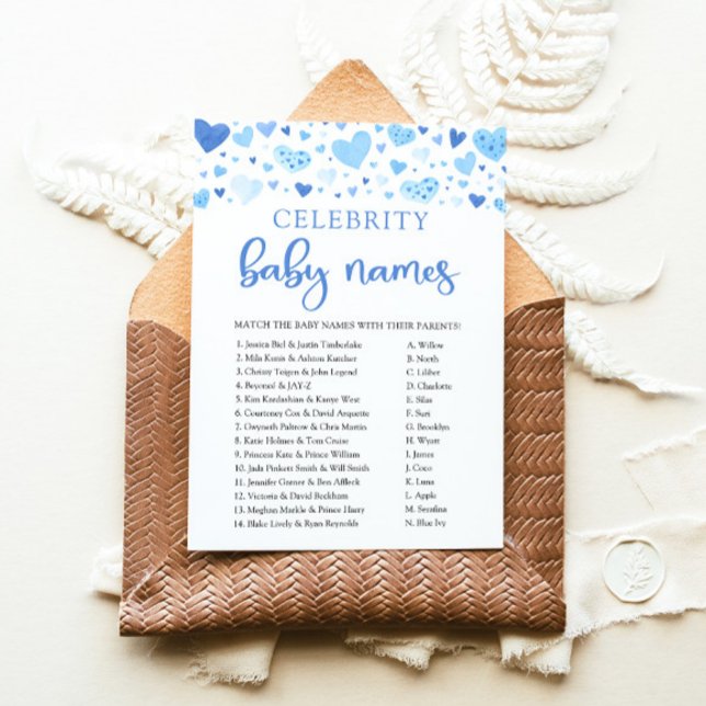Invitation Boy Blue Hearts Valentine Célébrité Jeu de Noms de (Watercolor Cute Blue Hearts Valentine Sweetheart February Boy Celebrity Baby Name Baby Shower Game)