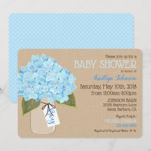 Invitation Boy Blue Hydrangea Mason Jar Baby shower rustique