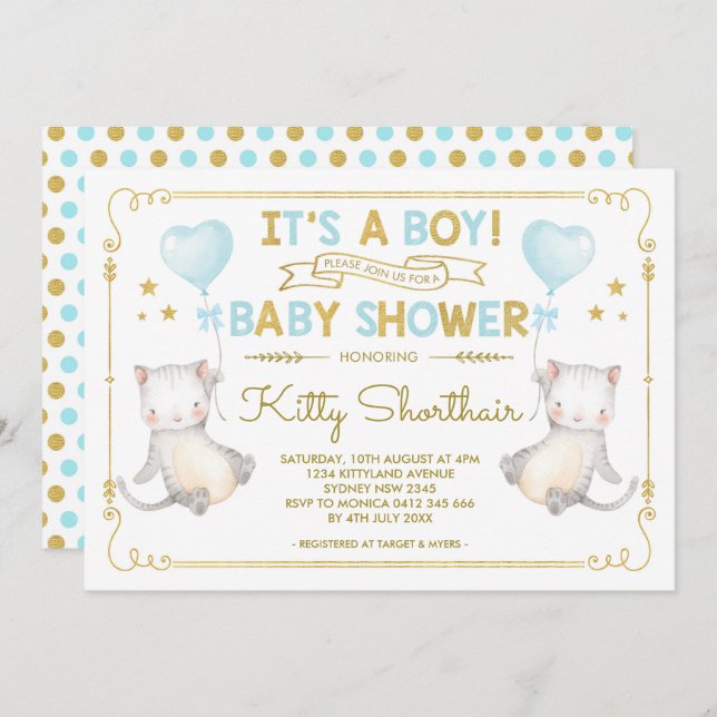 Invitation Boy Cat Baby shower Kitten Amoureux des chats Blue (Devant / Derrière)
