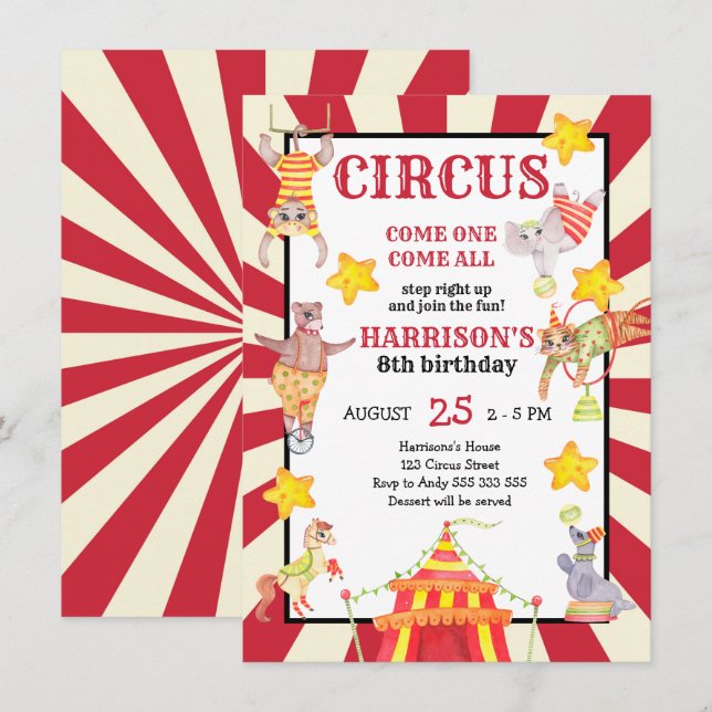 Invitation Boy Circus Party Anniversaire Carnaval (Devant / Derrière)