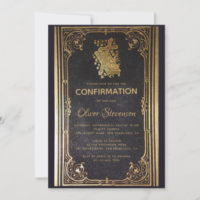 Invitation Boy Confirmation Gold Cross & Book Elegant Vintage (Devant)