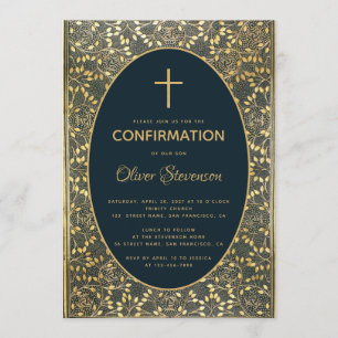 Invitation Boy Confirmation Gold Feuilles Croix Bleu élégant
