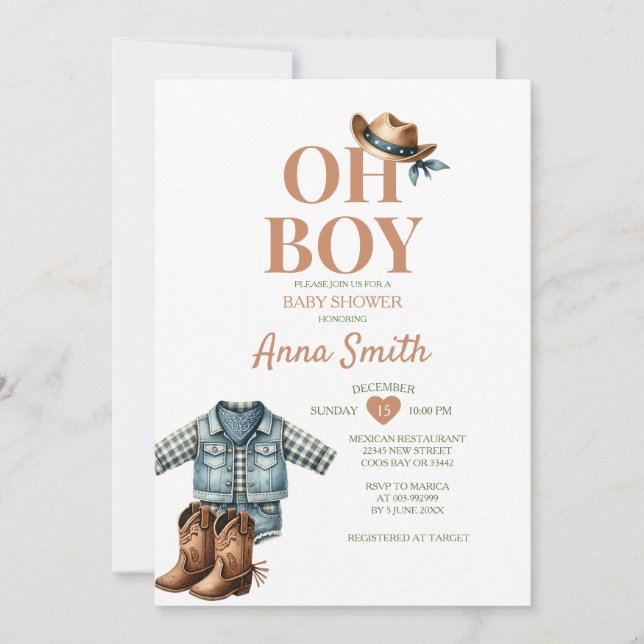 Invitation BOY COWBOY tenue baby shower sud-ouest cactus (Devant)