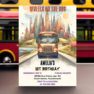 Invitation Boy Cute Girl Tour City Party Bus 1er anniversaire