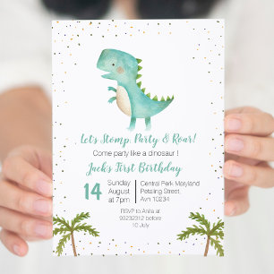 Invitation Boy Dinosaur Anniversaire Gold Mint Blue Invitatio