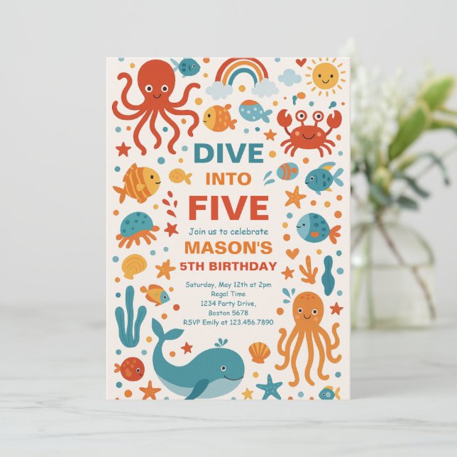 Invitation Boy Dive into Five 5th Birthday Party (Debout devant)
