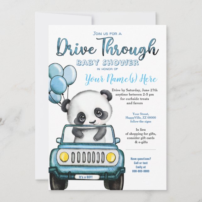 Invitation Boy Drive À Travers Baby shower Panda Car Invitati (Devant)