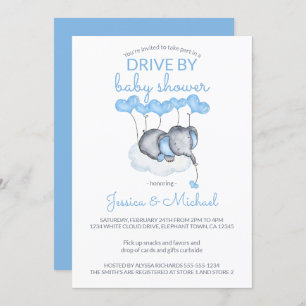 Invitation Boy Drive By Baby shower Blue Elephant on Cloud