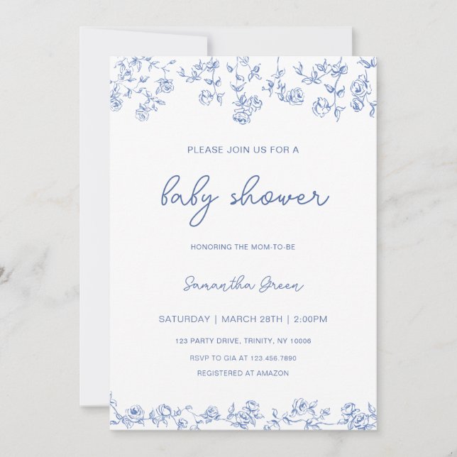 Invitation Boy Dusty Blue Floral Chinoiserie Baby shower (Devant)
