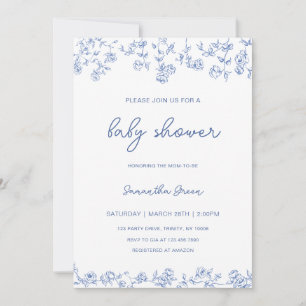 Invitation Boy Dusty Blue Floral Chinoiserie Baby shower