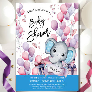 Invitation Boy Elephant Aquarelle Baby shower Bleu Ballons