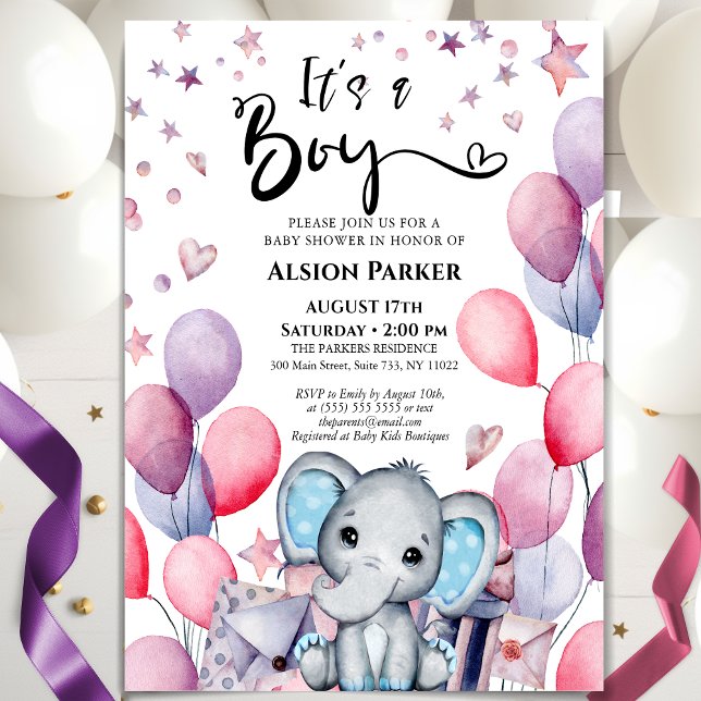 Invitation Boy Elephant Aquarelle Baby shower Bleu Ballons (Créateur téléchargé)