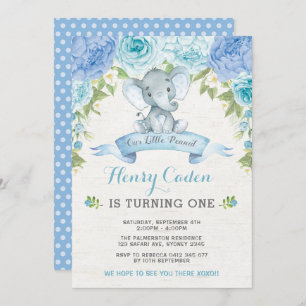 Invitation Boy Elephant Aquarelle Bleu Roses 1er anniversaire