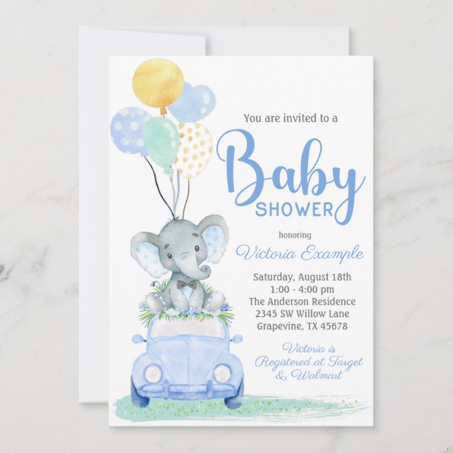Invitation Boy Elephant Bow Cravate voiture Baby shower Invit (Devant)