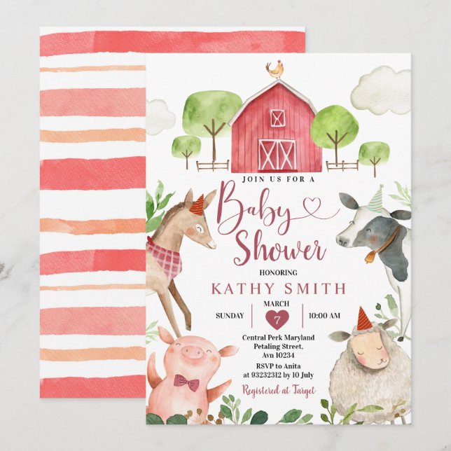 Invitation Boy Farm Animals Barnyard Baby shower (Devant / Derrière)