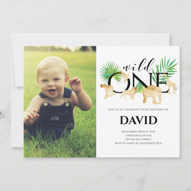 Invitation Boy First Birthday Photo Wild One Gold Jungle (Devant)