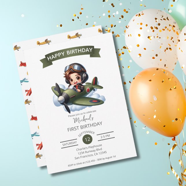 Invitation Boy First Birthday Pilot Vintage Airplane Clouds (Créateur téléchargé)