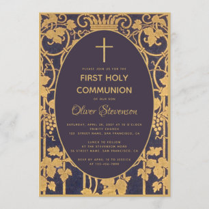 Invitation Boy First Communion Blue Elegant Gold Vines Graphi