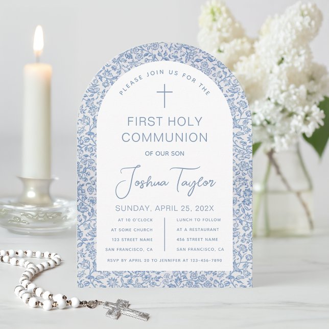 Invitation Boy First Communion Blue White Floral Pattern Arch (Créateur téléchargé)