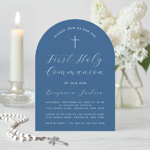 Invitation Boy First Communion Classic Bleu Arc Script croisé